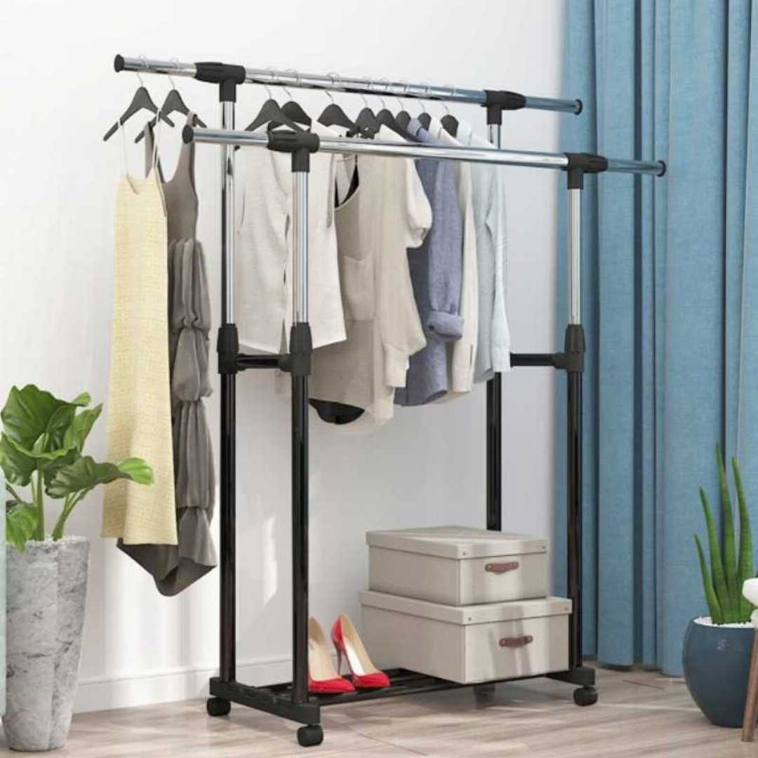 Double,Pole,Portable,Clothes,Rack